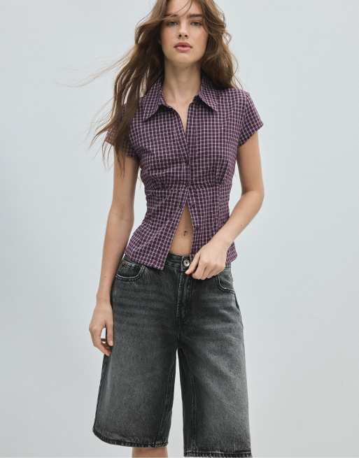 Stradivarius Short sleeve under-bust seam shirt in purple, 5 of 7