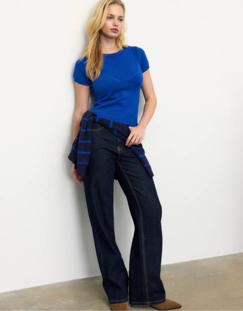 Stradivarius Short-sleeved knit jumper with overlay in electric blue - view 1