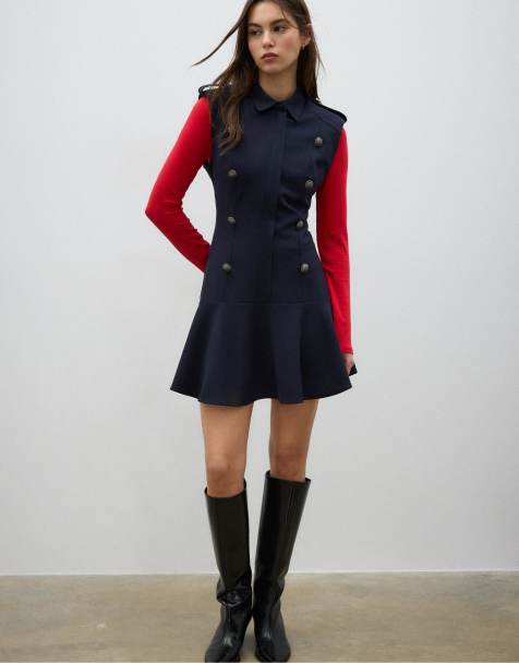 Stradivarius Short sleeveless buttoned dress in dark blue