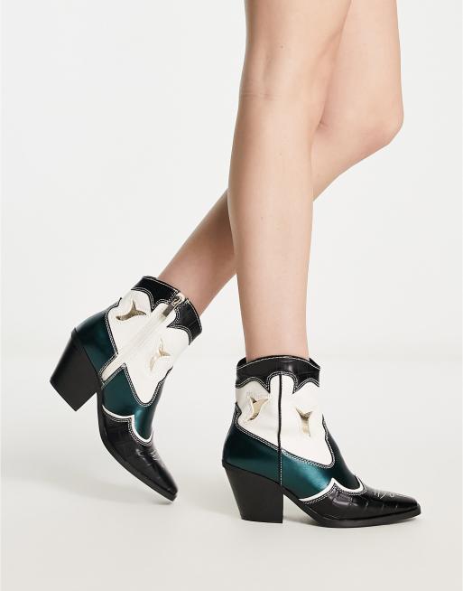 Stradivarius short western boot in green and ecru | ASOS