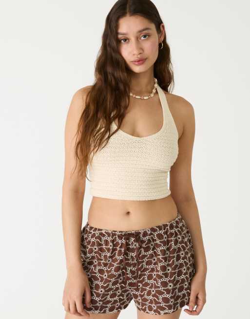 Stradivarius shorts with contrast embroidery in brown ASOS