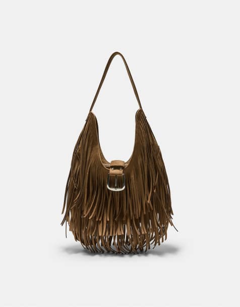 Stradivarius Shoulder bag with fringe & buckle in caramel - view 1