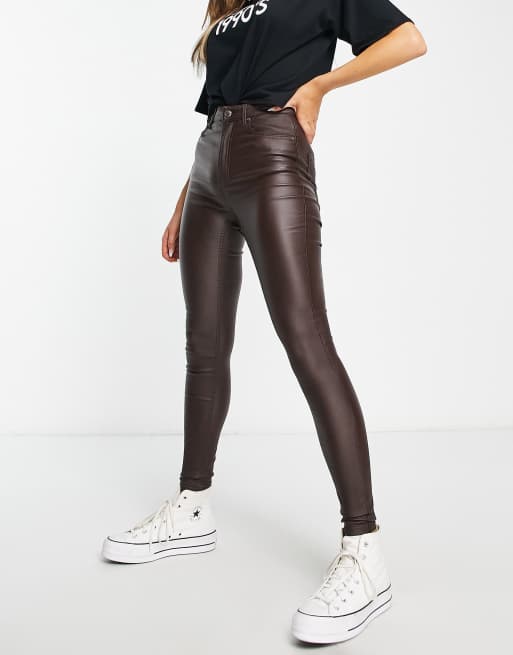Stradivarius skinny coated high waist jeans in brown