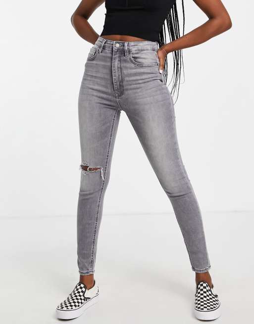 Stradivarius - Skinny jeans met superhoge taille en scheur in grijs 