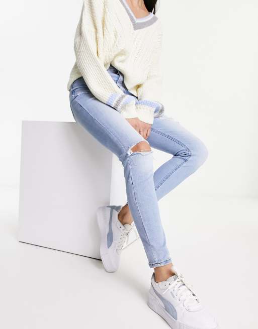 Stradivarius - Skinny jeans met superhoge taille en scheur in lichtblauw