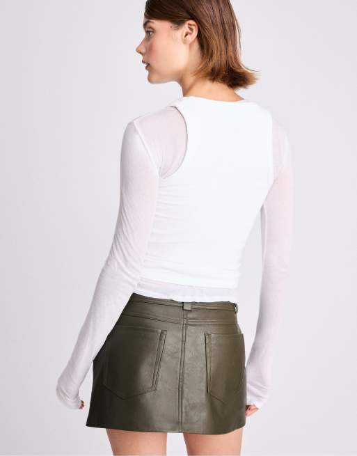 Stradivarius skort effetto pelle in khaki, 3 di 7