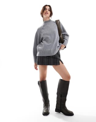 skort with split hem in gray check