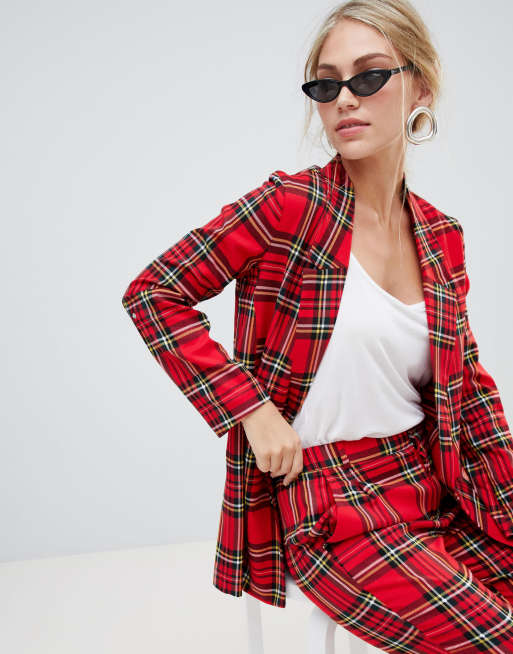 Stradivarius - Skotskternet longline-blazer i rød