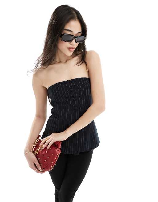 Stradivarius - Skræddersyet longline-top med bandeau-snit og nålestriber i marineblå