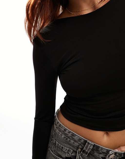 Stradivarius STR seamless wide neck top with lettuce hem in black -  ShopStyle