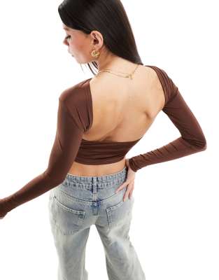 Stradivarius slash neck open back long sleeve top in brown