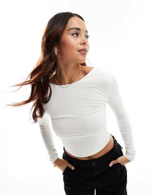 Stradivarius slash neck open back long sleeve top in white | ASOS