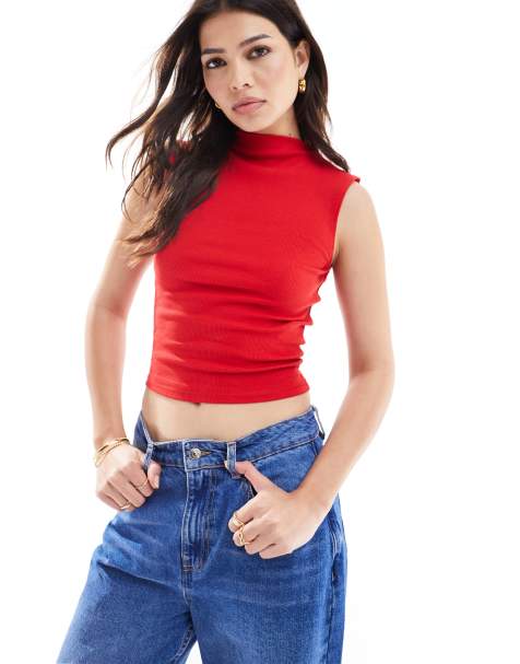 Cherry Red Pu High Neck Asymmetric Hem Ruched Top