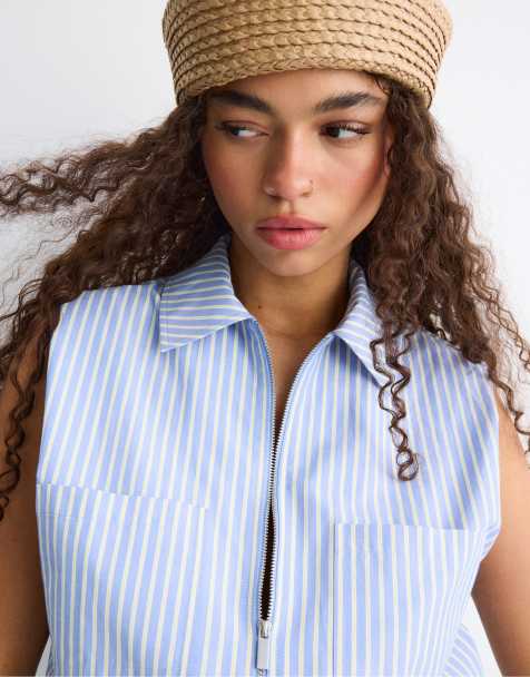 Stradivarius Sleeveless balloon zip shirt in blue - view 1