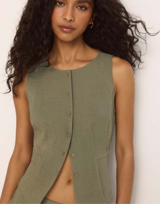 Stradivarius Sleeveless buttoned top in khaki, 2 of 4