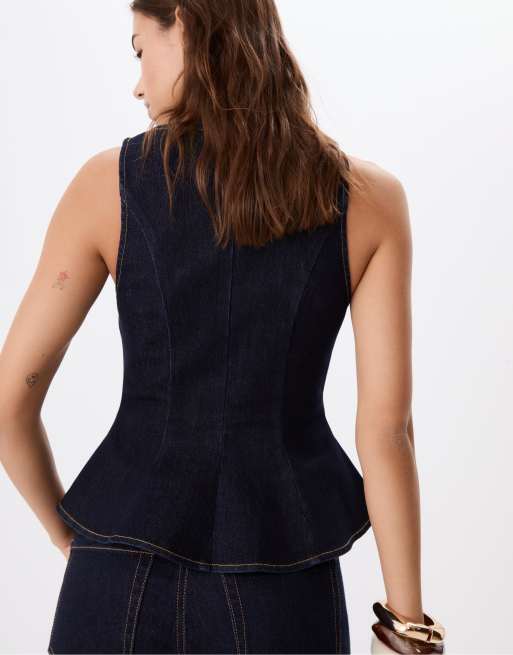 Stradivarius Sleeveless denim peplum top in overdyed blue denim, 3 of 4