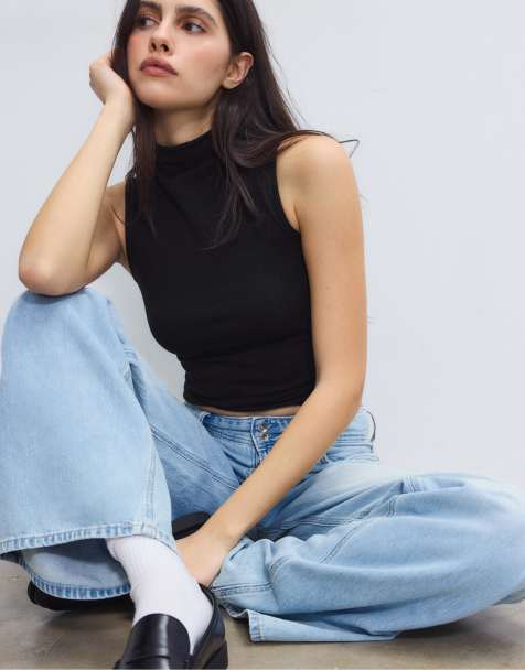 Stradivarius Sleeveless funnel neck t-shirt in black