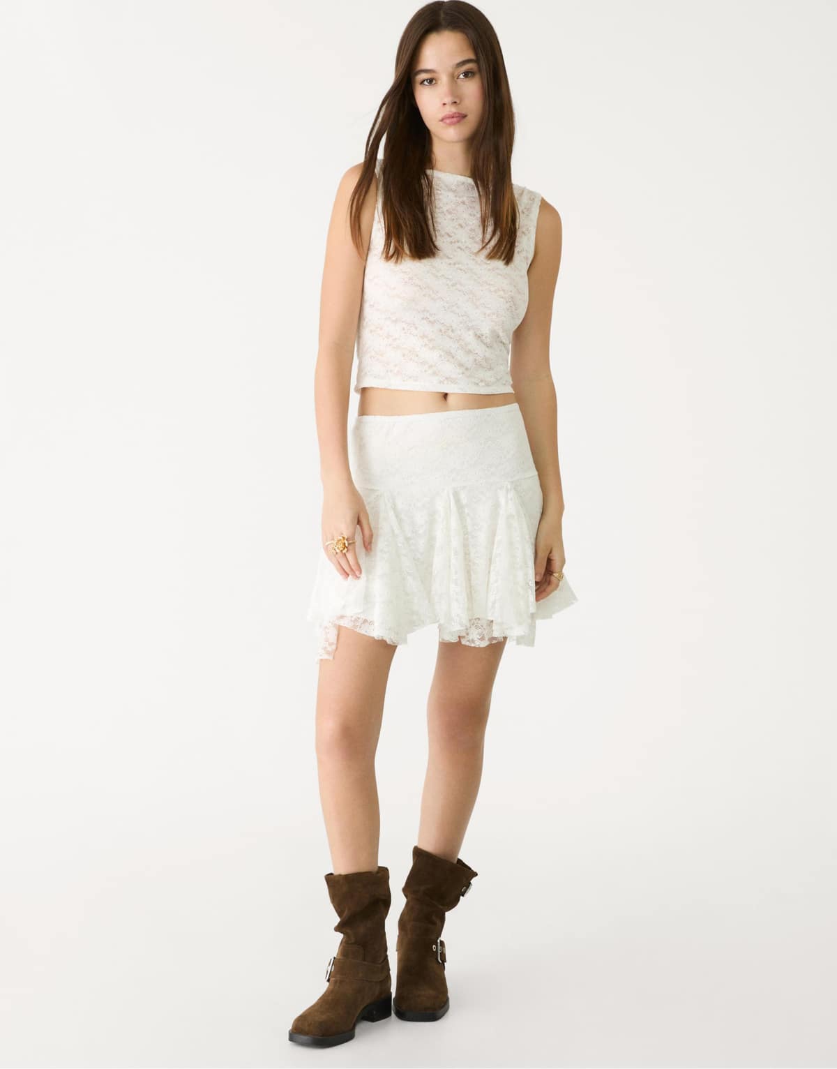 Stradivarius sleeveless lace top in white