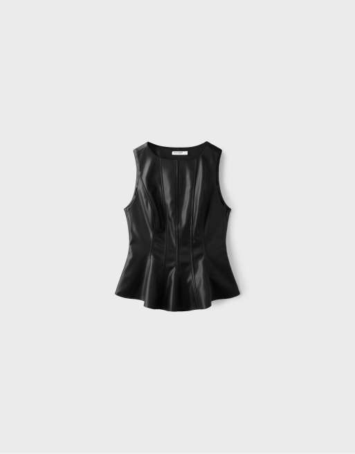 Stradivarius Sleeveless leather-effect peplum top in black, 6 of 7