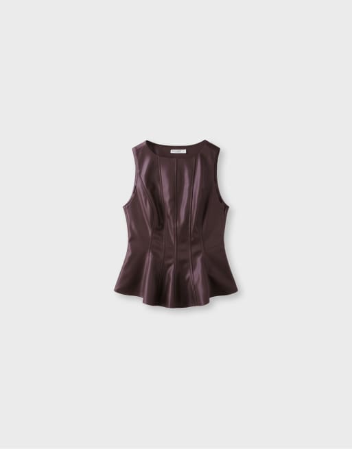 Stradivarius Sleeveless leather-effect peplum top in brown, 6 of 7