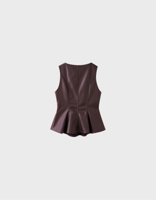 Stradivarius Sleeveless leather-effect peplum top in brown, 7 of 7