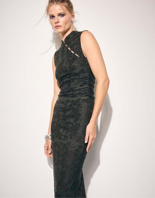 Stradivarius Sleeveless midi dress with stand collar in khaki, 5 of 7