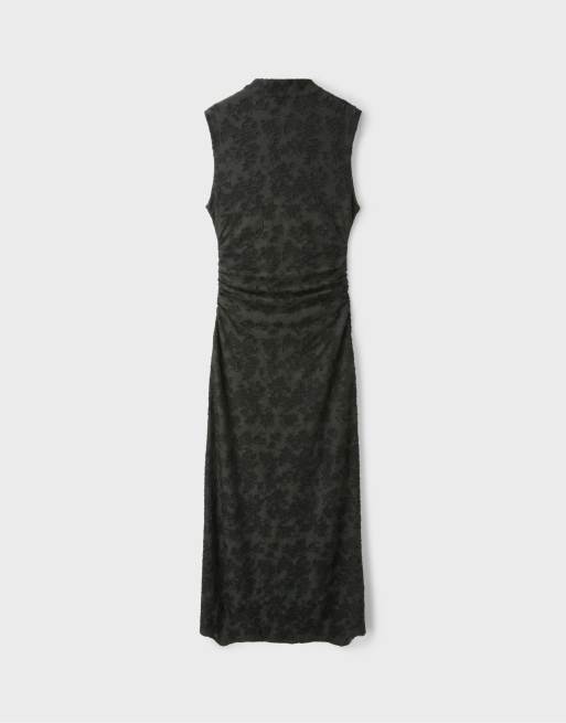 Stradivarius Sleeveless midi dress with stand collar in khaki, 7 of 7