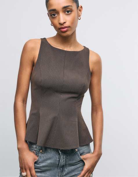Stradivarius Sleeveless peplum top in brown - view 1