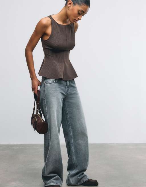 Stradivarius Sleeveless peplum top in brown | ASOS