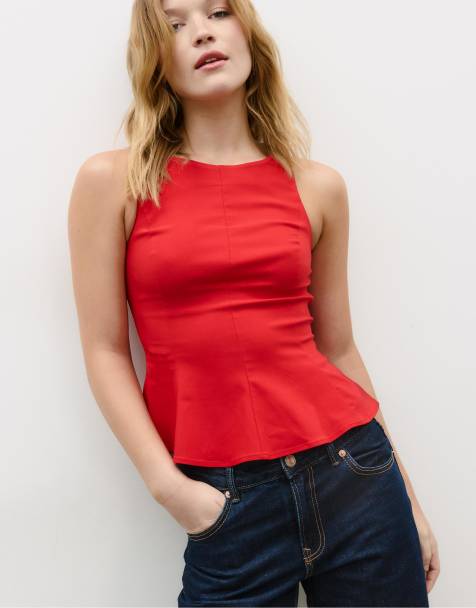Stradivarius Sleeveless peplum top in red - view 1
