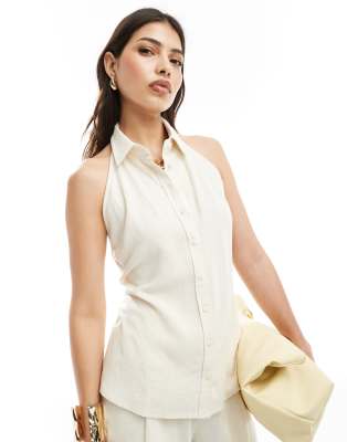 Stradivarius Sleeveless Rustic Linen Look Blouse In Stone-blue