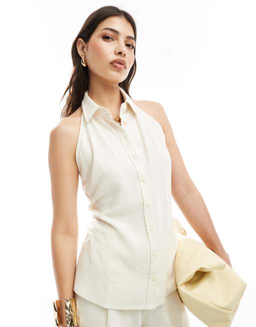  Stradivarius sleeveless rustic linen look blouse in stone