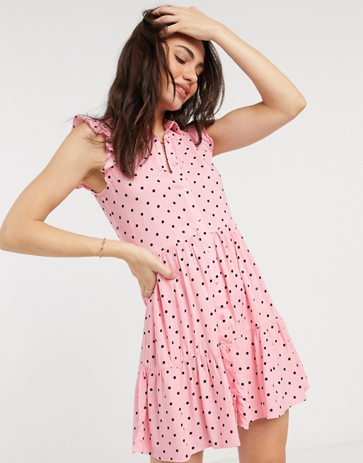 Stradivarius sleeveless shirt dress in pink polka dot