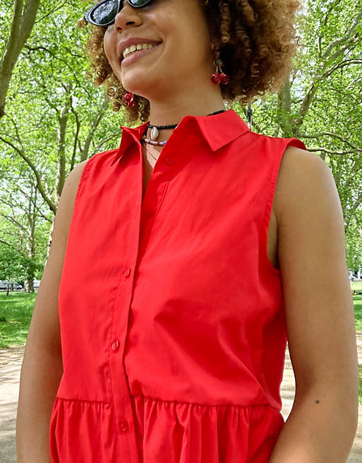 Women Stradivarius sleeveless shirt dress in red 