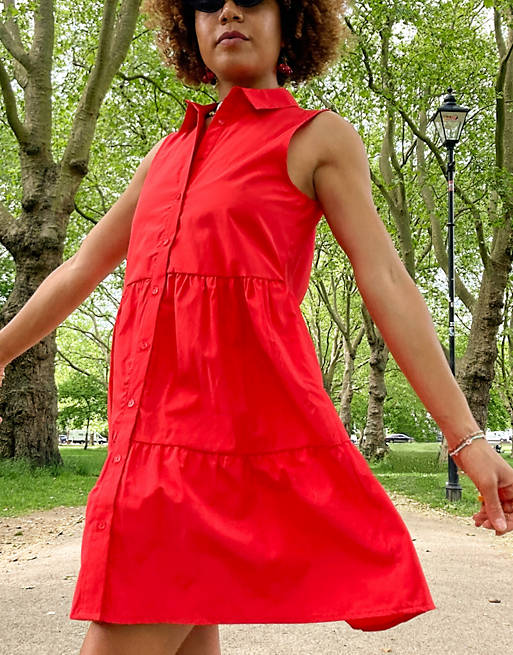 Women Stradivarius sleeveless shirt dress in red 