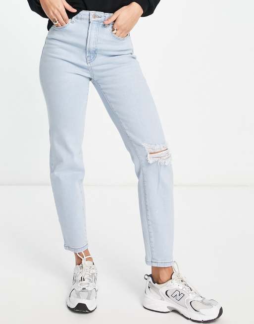 stradivarius slim mom jean with stretch in washed blue