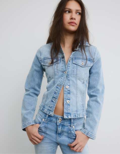 Stradivarius Slim fit denim jacket in medium light blue denim - view 1