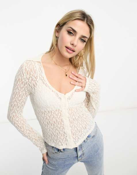Stradivarius slim fit lace shirt in white - view 1