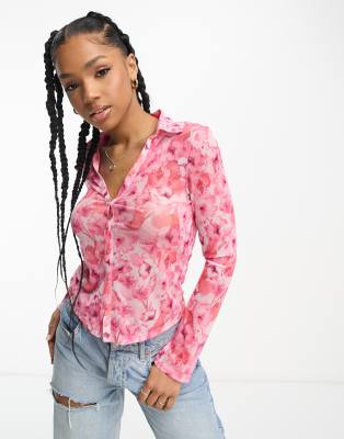 Mesh Slim Fit Floral Long Sleeve Top