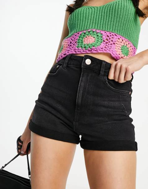 Stradivarius - Slim-fit mom short van denim in zwart met wassing - view 1