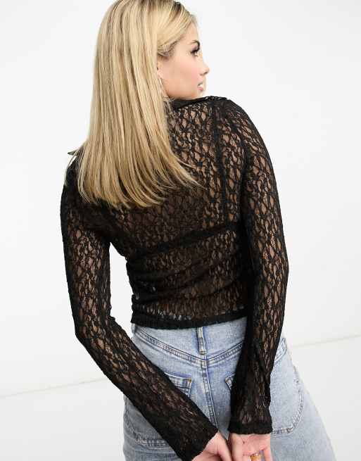 Stradivarius - Slim-fit overhemd van kant in zwart, 2 van 4