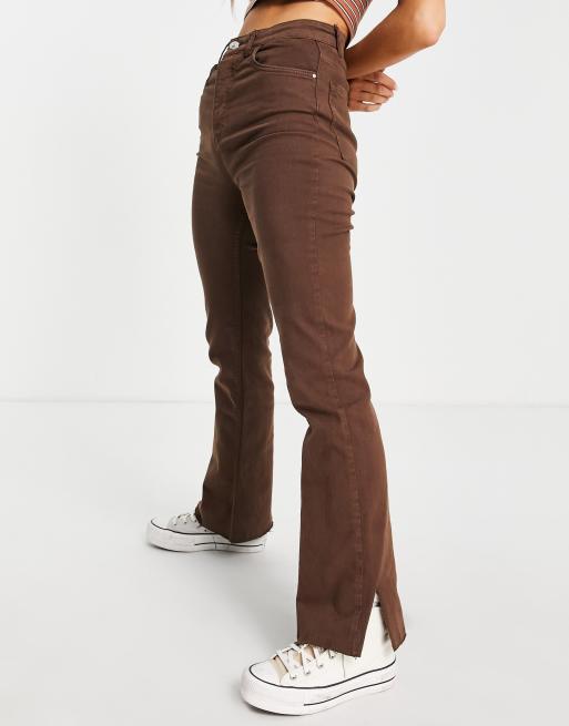 Stradivarius slim flare jean with split detail in brown