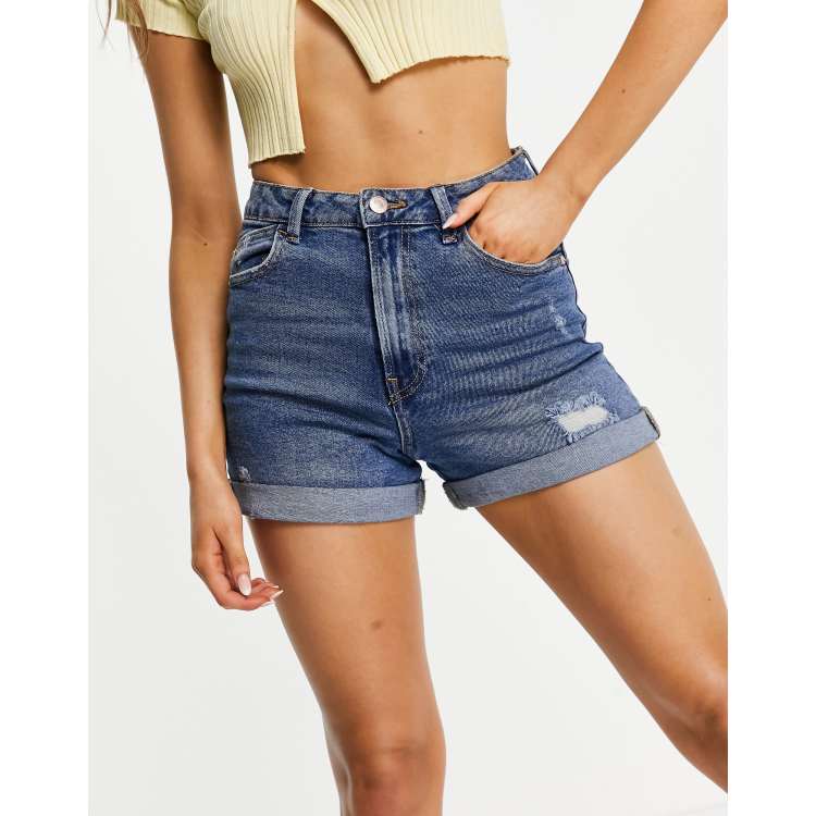 Stradivarius slim mom denim short in medium wash