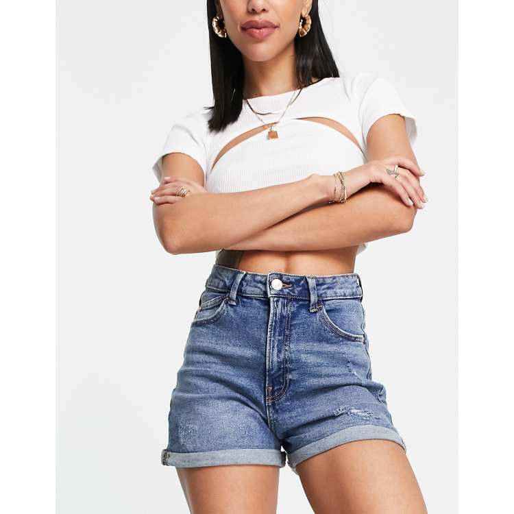 Stradivarius slim mom denim short with rip in mid wash blue ASOS