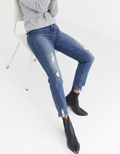 stradivarius slim mom jean with stretch in washed blue