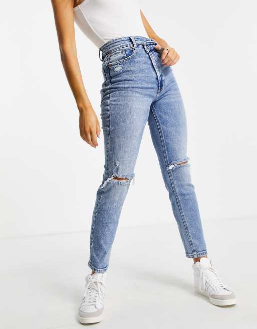 stradivarius stepped waist dad jean in washed blue