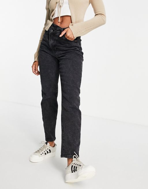 Stradivarius slim mom jean with stepped waistband in washed black | ASOS