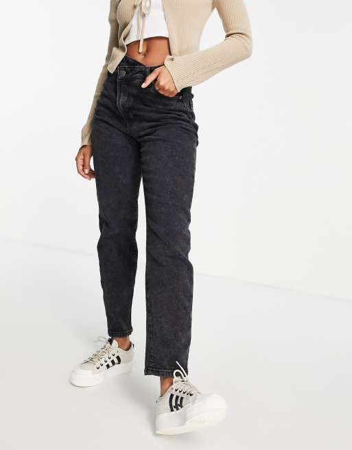 Stradivarius slim mom jean with stepped waistband in washed black