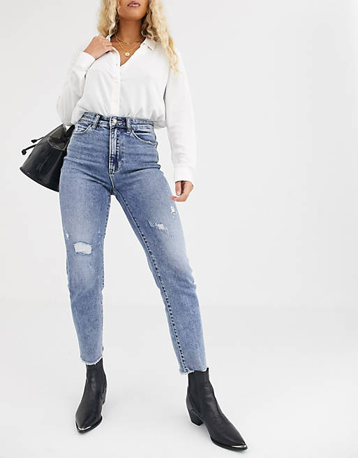 Stradivarius slim mom jean with stretch and rip detail in light blue | ASOS