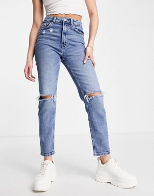 Stradivarius slim mom jean with stretch and rip in authentic blue | ASOS